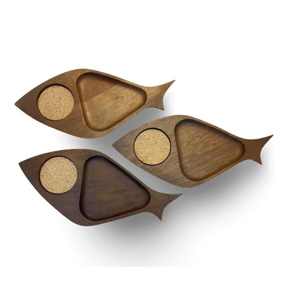 Mid Century Modern Fish-Shaped Wooden Snack Trays With Cork Inserts Japan - Picture 1 of 4